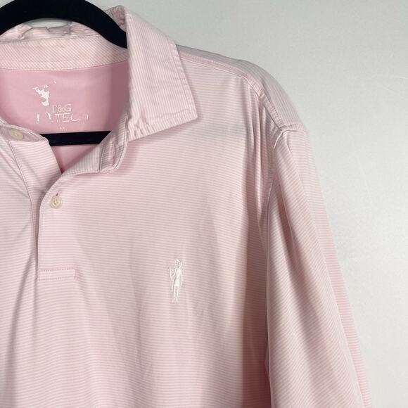F&G Tech Mens Medium M Light Pink White Pencil Striped Short Sleeve Polo Shirt - Picture 3 of 7